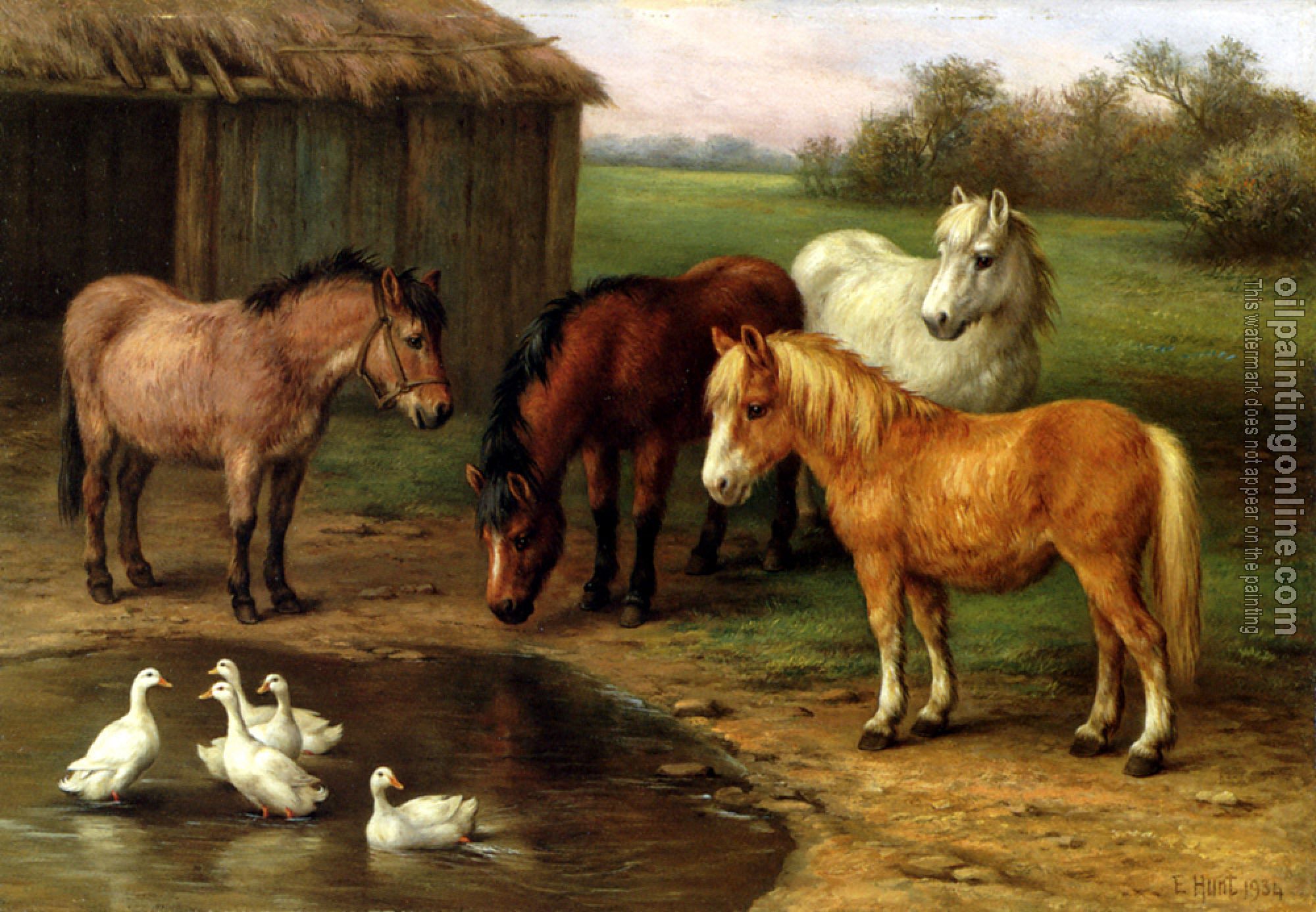Edgar Hunt - Ponies By A Pond